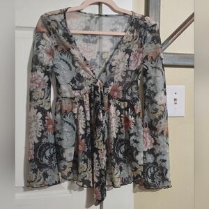 SHEIN Pink and Blue Ruffled Tie Front Blouse